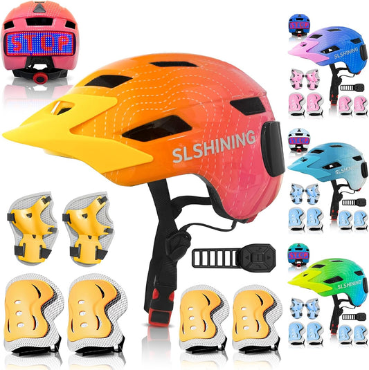Kids Bike Helmet Toddler Helmet for Boys Girls Youth Kids with LED Lights Bicycle Helmets with Protective Gear Set Knee Elbow Wrist Pads for Cycling Skateboard Scooter Skating (Fits 20.5-22in)
