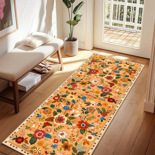 Floral 2x6 Area Rug Machine Washable Soft Print Boho Carpet Non Slip Doormat Low Pile Flower Area Rugs for Living Room Bedroom Nursery Kitchen Dining Room Indoor-Yellow/Orange
