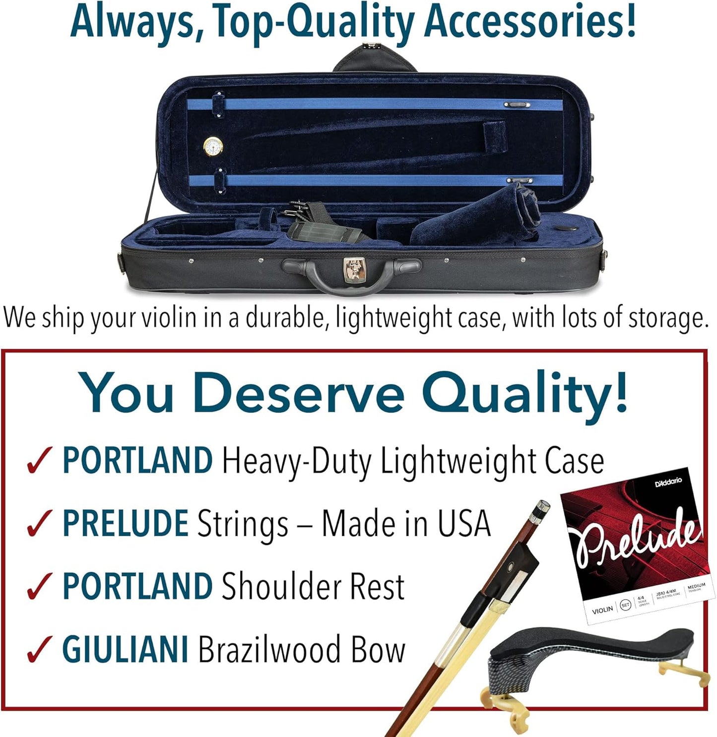 Bunnel Pupil Violin Outfit 3/4 Size By Kennedy Violins - Carrying Case and Accessories Included - Solid Maple Wood and Ebony Fittings