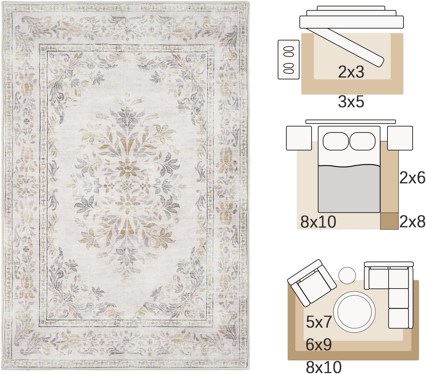 jinchan Vintage Floral 6x9 Area Rugs for Living Room - Machine Washable Distressed Design Soft Throw Rug Ultra-Thin Non-Slip Large Carpet for Bedroom Nursery Dining Room Home Office (6x9ft,Light Grey)