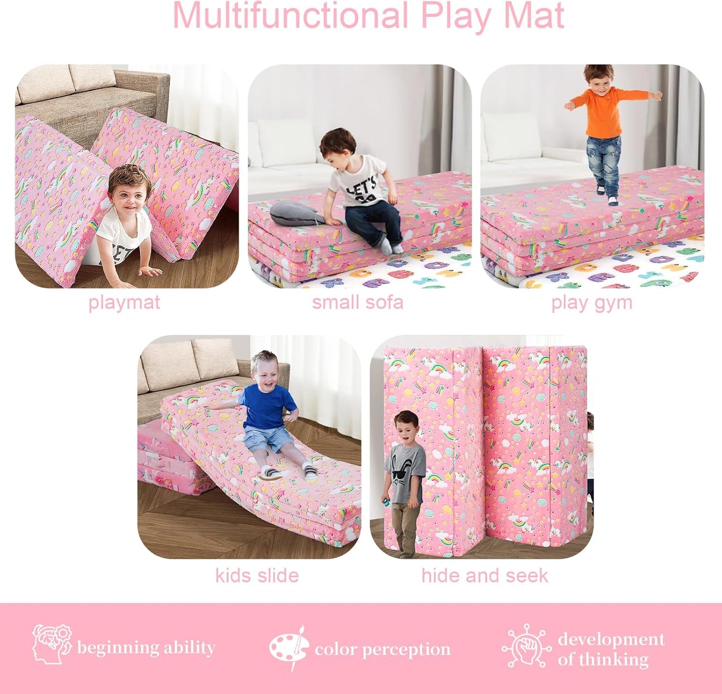 MeMoreCool Kids Floor Futon Mattress Large 6x4 FT, Thicken Foam Tatami Mattress for Children Play Area, Foldable Sleeping Pad Crawling Tatami Mat for Playroom, Pink Rainbow