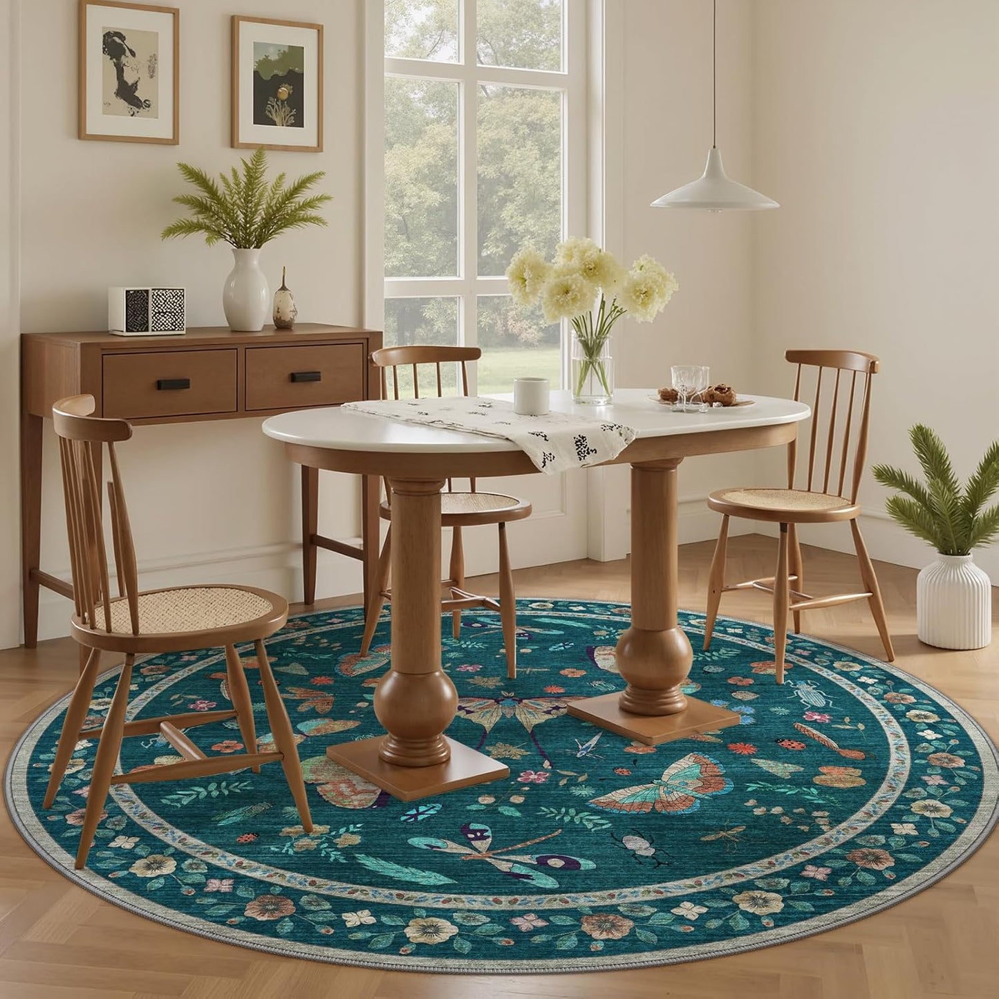 4ft Washable Round Rug - Bug Rugs for Living Room Non-Slip Low Pile Soft Ultra-Thin Machine Washable Circle Carpet for Bedroom, Entryway, Nursery, Kitchen, Home Office (4' Round Teal)