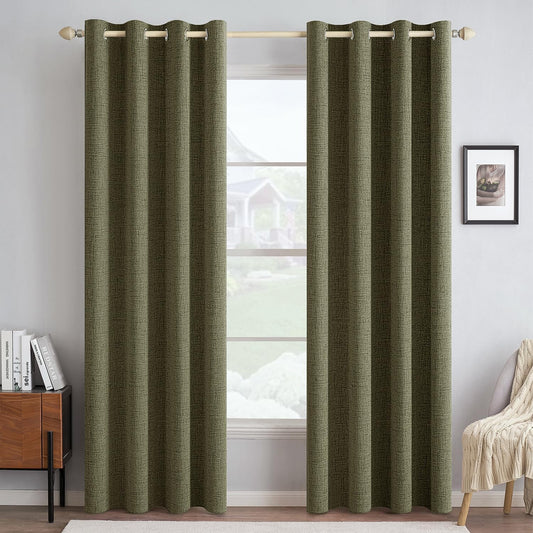 MIULEE Linen Texture Curtains for Bedroom Solid 100% Blackout Thermal Insulated Light Olive Green Curtains Grommet Room Darkening Drapes for Living Room Nursery 52x96 Inch (2 Panels)