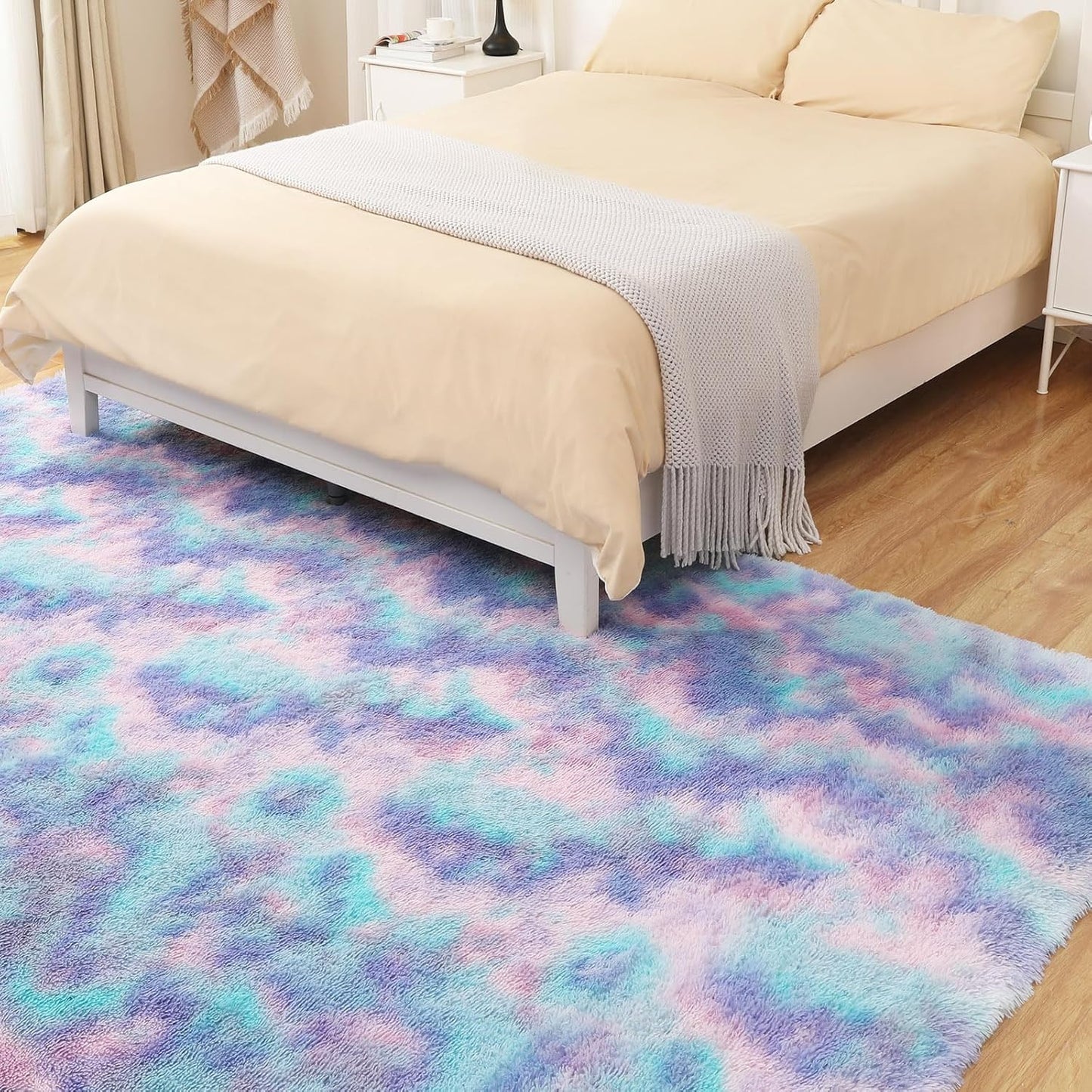 Rainbow Rug for Girls Room, 8x10 Fluffy Area Rugs for Bedroom, Colorful Kids Rug Cute Anti-Skid Indoor Carpet for Nursery, Living Room, Playroom, Home Decor