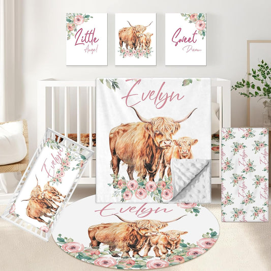 Personalized Nursery Bedding - 5 Pcs Custom Baby Crib Set with Name, Double Layer Crib Bedding for Girls, Cows and Flowers Theme