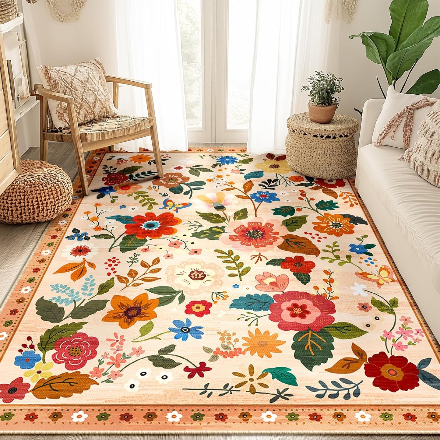 Floral 5x7 Area Rug Machine Washable Soft Print Boho Carpet Non Slip Doormat Low Pile Flower Area Rugs for Living Room Bedroom Nursery Kitchen Dining Room Indoor-Light Orange