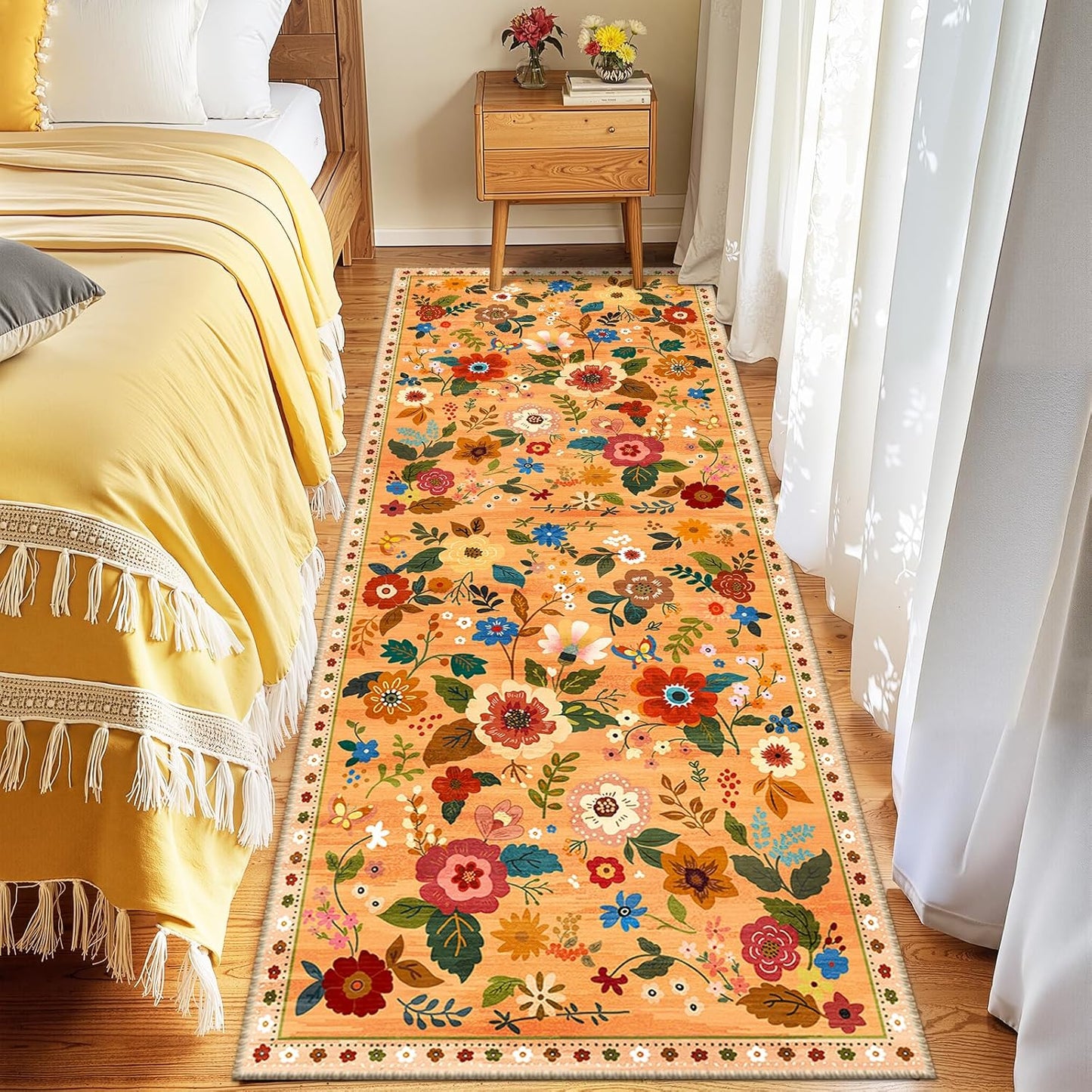 Floral 2x6 Area Rug Machine Washable Soft Print Boho Carpet Non Slip Doormat Low Pile Flower Area Rugs for Living Room Bedroom Nursery Kitchen Dining Room Indoor-Yellow/Orange