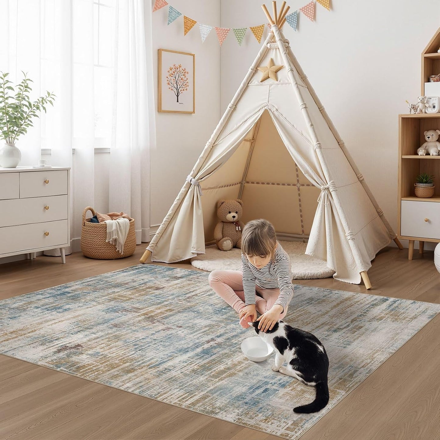 Area Rug for Living Room: 3x5 Washable Neutral Abstract Modern Soft Rugs Non Slip Indoor Floor Stain Resistant Carpet for Bedroom Dining Room Office Nursery - Blue Brown