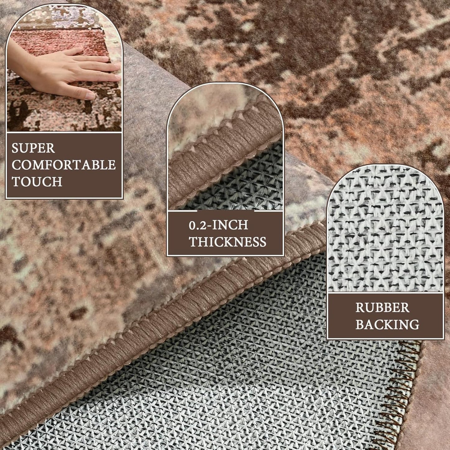 LOCHAS Rug for Living Room, Washable Soft Area Rugs for Bedroom 8x10, Abstract Carpet for Indoor Office Kids Dining Room Nursery Floor, Brown Geometric Vintage Home Decor, Non Slip, Pet Child Friendly