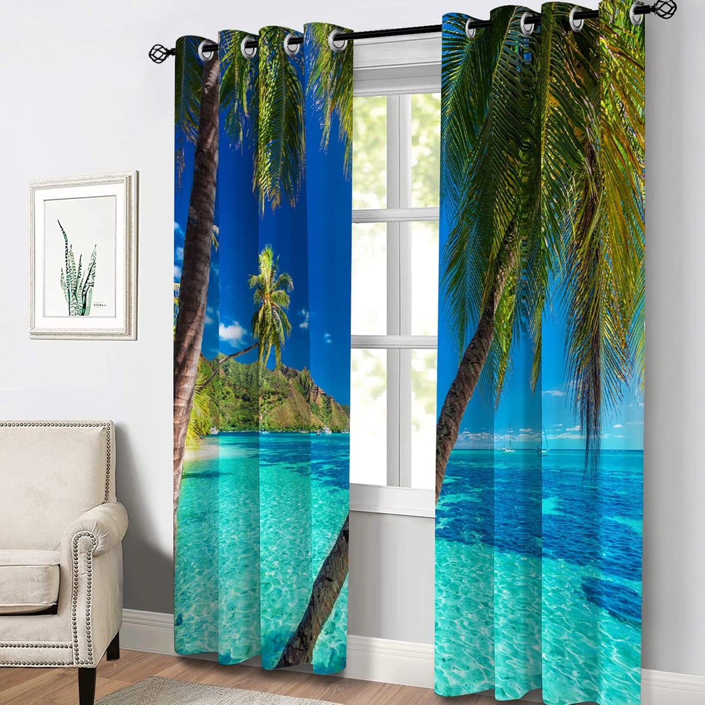 Aimego Palm Trees Blackout Curtains Blue Ocean Tropical Hawaiian Scenery Window Drapes Decor for Bedroom Living Room Grommet Top Room Darkening Curtains 2 Panel Set, 52"X63"