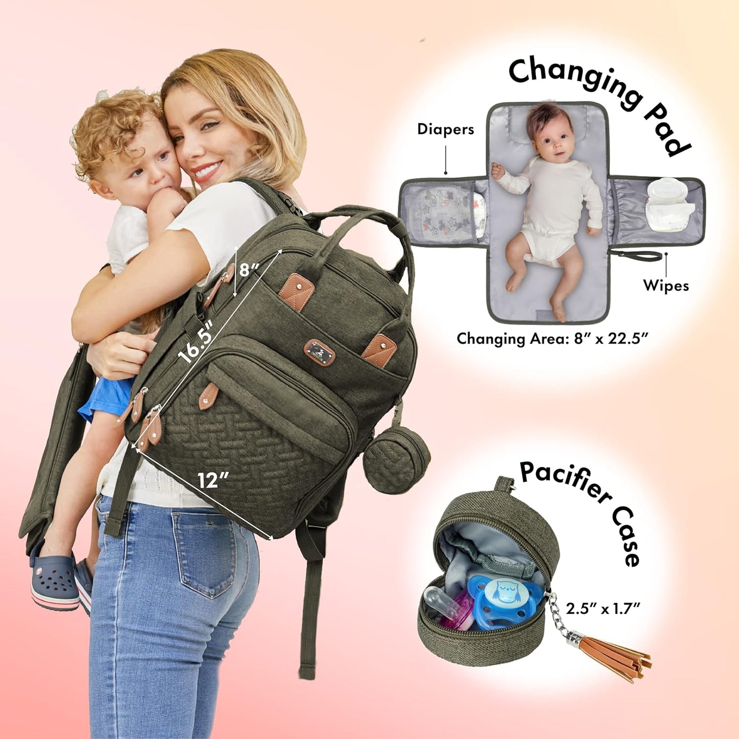 Dikaslon Diaper Bag Backpack with Portable Changing Pad, Pacifier Case and Stroller Straps, Large Unisex Baby Bags for Boys Girls, Multipurpose Travel Back Pack for Moms Dads, Army Green