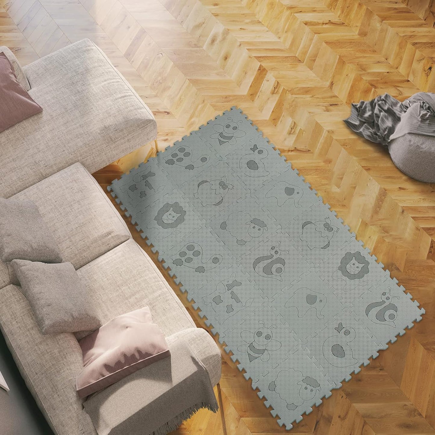 qqpp EVA 18 Tiles Baby Play Mat for Playing, Interlocking Foam Floor Mats for Tummy Time & Crawling, Puzzle Flooring Tiles with Animals Laser Pattern for Kids. Gray. QL-11(L) b18N