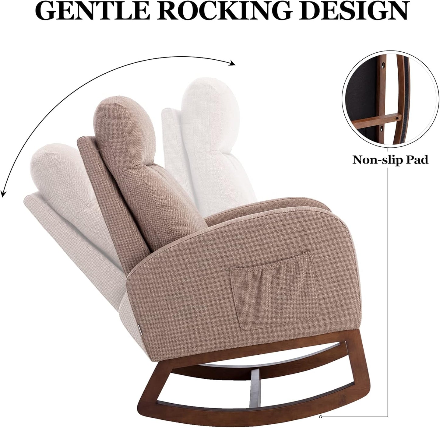 Dolonm Nursery Rocking Chair for Living Room, Upholstered Mid-Century Modern Nursery Rocking Armchair Tall Back Accent Glider Rocker, Camel