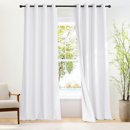 NICETOWN White 100% Blackout 90 inch Curtains for Bedroom, Grommet Full Blackout Window Treatments Heat Blocking for Living Room, W52 x L90, 2 Panels