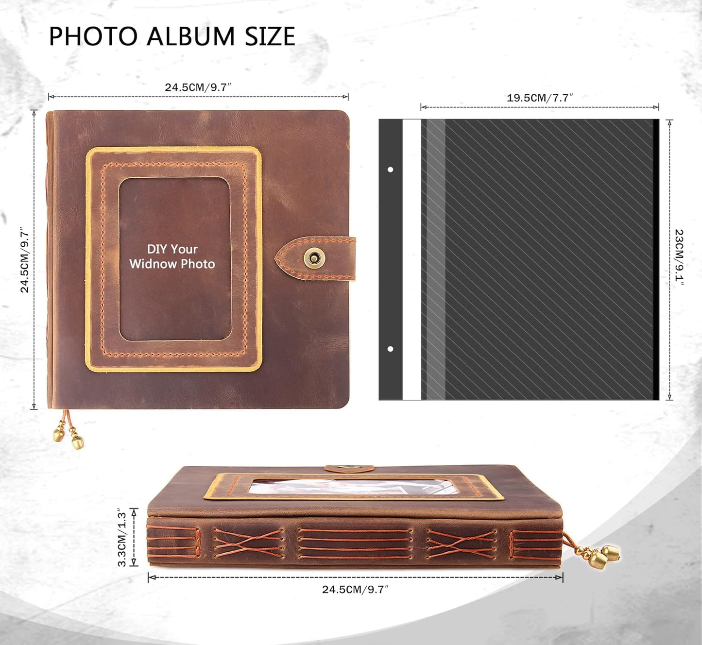 Robrasim Brown Leather Self-Adhesive Photo Album, 9.6x9.6x1.3 in, Holds 3x5, 4x6, 5x7, 6x8 Photos