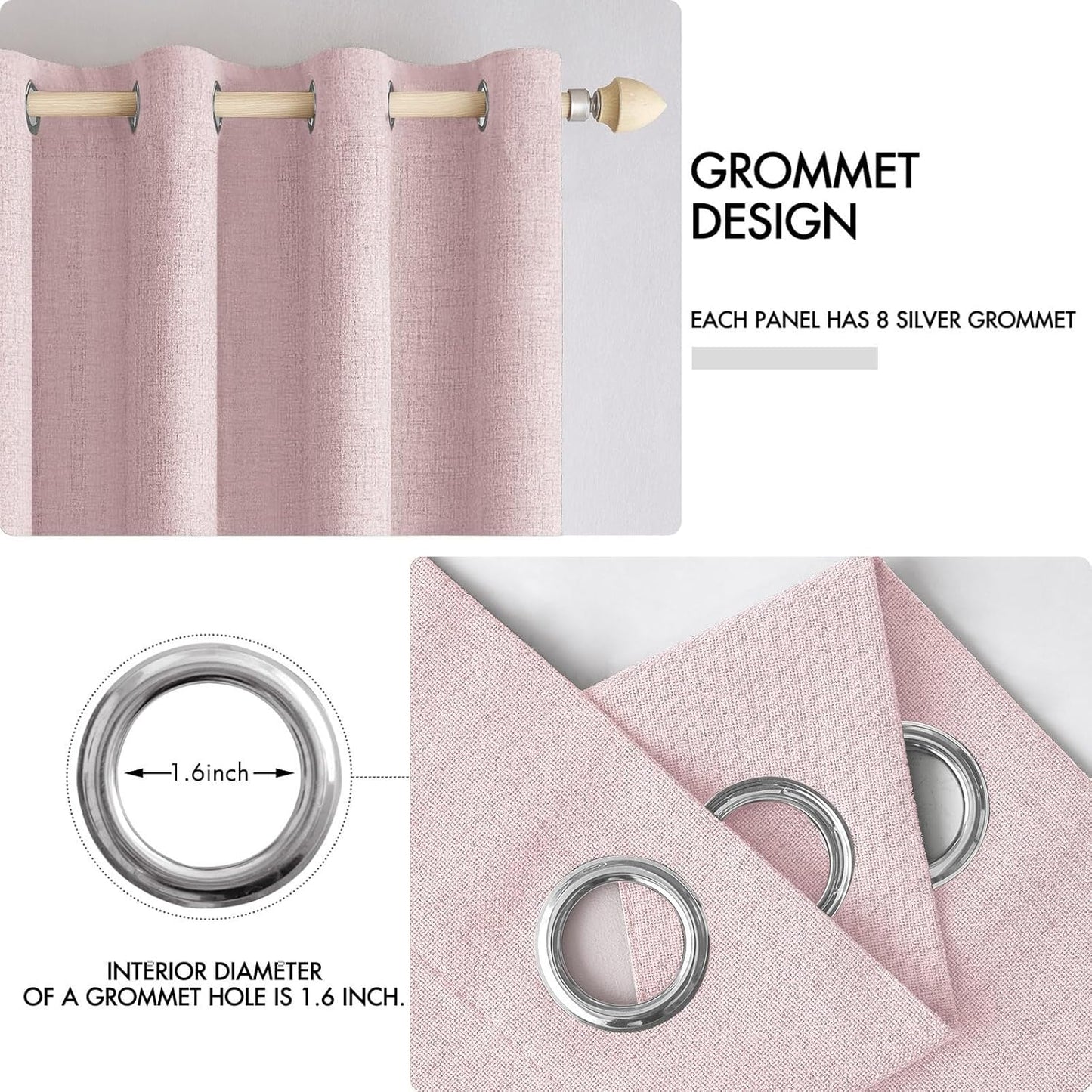 MIULEE Linen Texture Curtains for Bedroom Solid 100% Blackout Thermal Insulated Pink Curtains Grommet Room Darkening Curtains/Draperies for Living Room Nursery 52x84 Inch (2 Panels)
