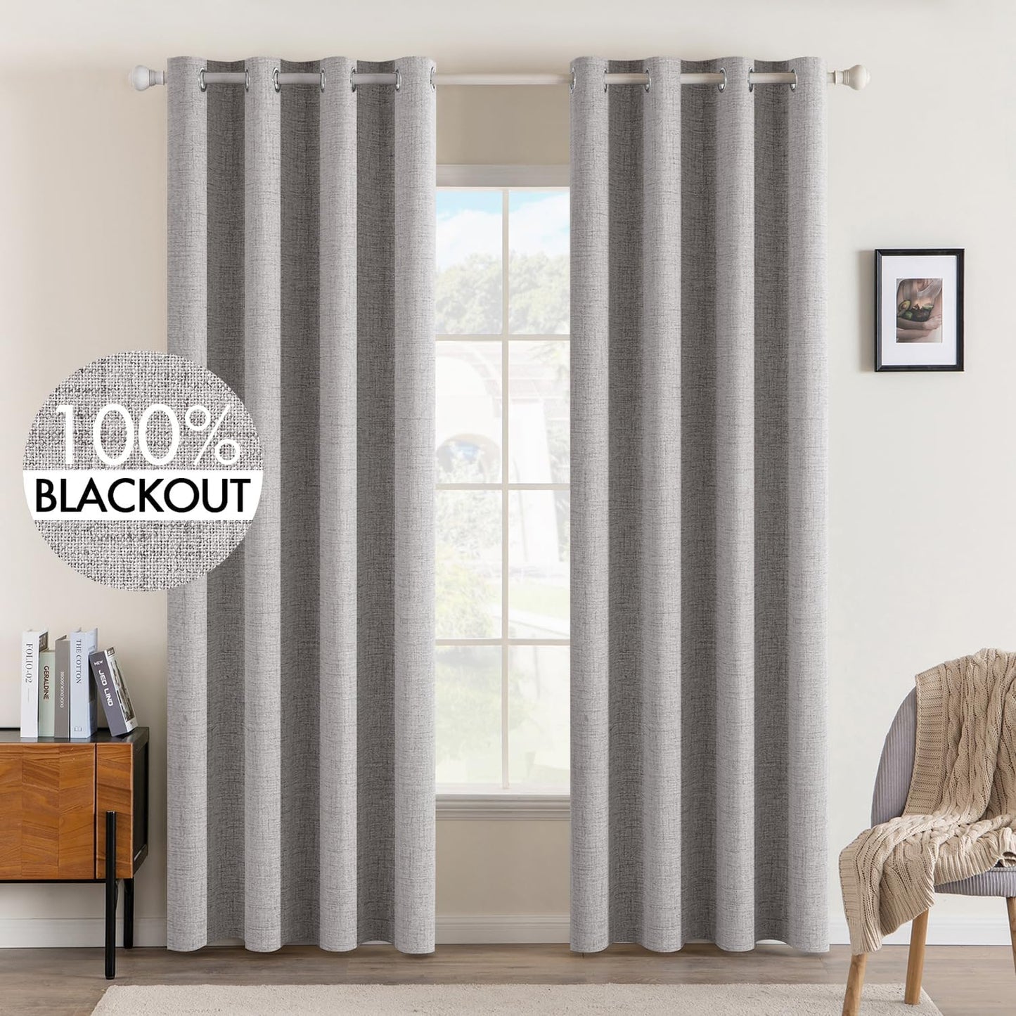 MIULEE Linen Texture 90 Inches Curtains for Bedroom 100% Blackout Thermal Insulated Greyish White Curtains Grommet Room Darkening Drapes for Living Room Nursery 52x90 Inch (2 Panels)
