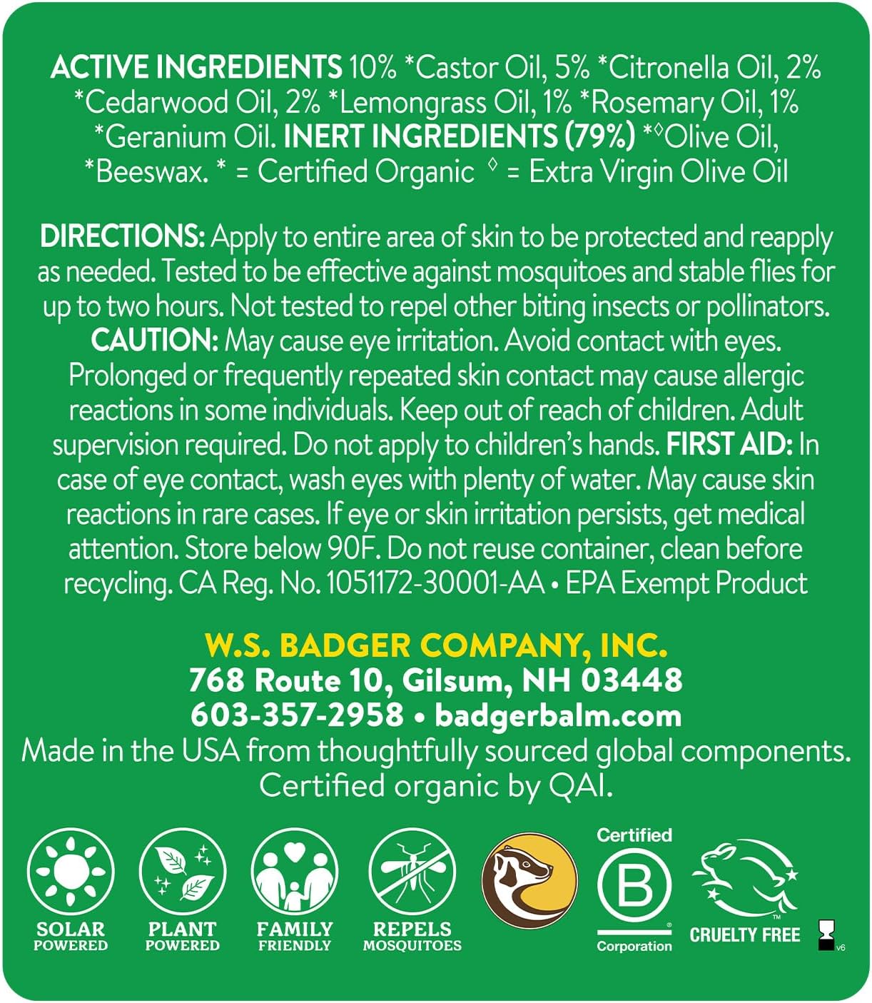 Badger Bug Repellent, Easy to Use Travel Stick, DEET-Free Mosquito Repellent & Insect Protection, Certified Organic Essential Oil Balm