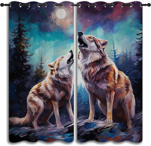 Wildlife Blackout Curtains for Boys Girl Bedroom Decor,Fantasy Starry Full Moon Wolf Howling Thermal Insulated Grommet Drapes Darkening Window Curtain for Living Room Home 84x84 inch