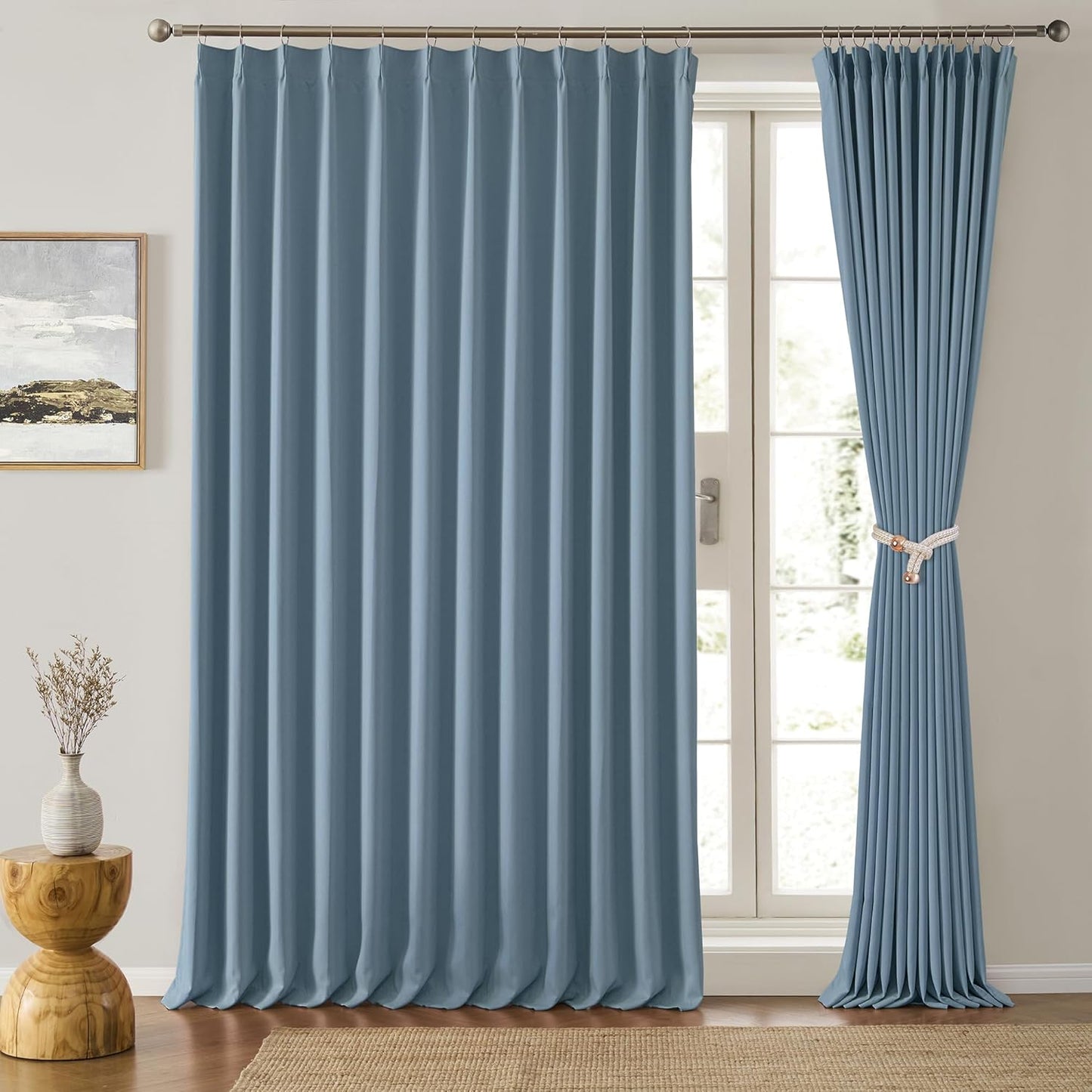 KEQIAOSUOCAI Dusty Blue Pleat Wide Width Drapes 80 x 63 inch Long 2 Panels - Thermal Insulated Room Divider Curtains for Bedroom/Living Room/Patio, Pinch Pleated Curtain Panel with Hooks