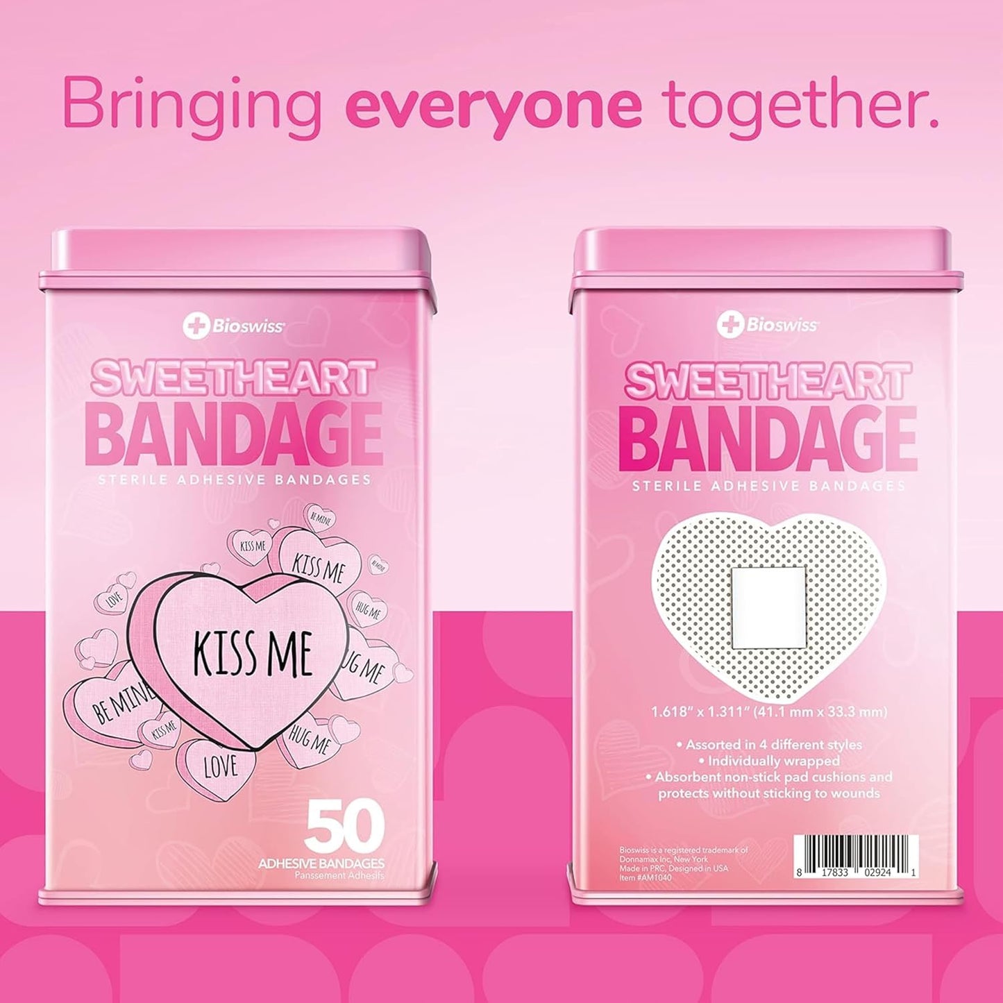 BioSwiss Bandages, Valentine Heart Shaped Self Adhesive Bandage, Latex Free Sterile Wound Care, Fun First Aid Kit Supplies for Kids, 50 Count