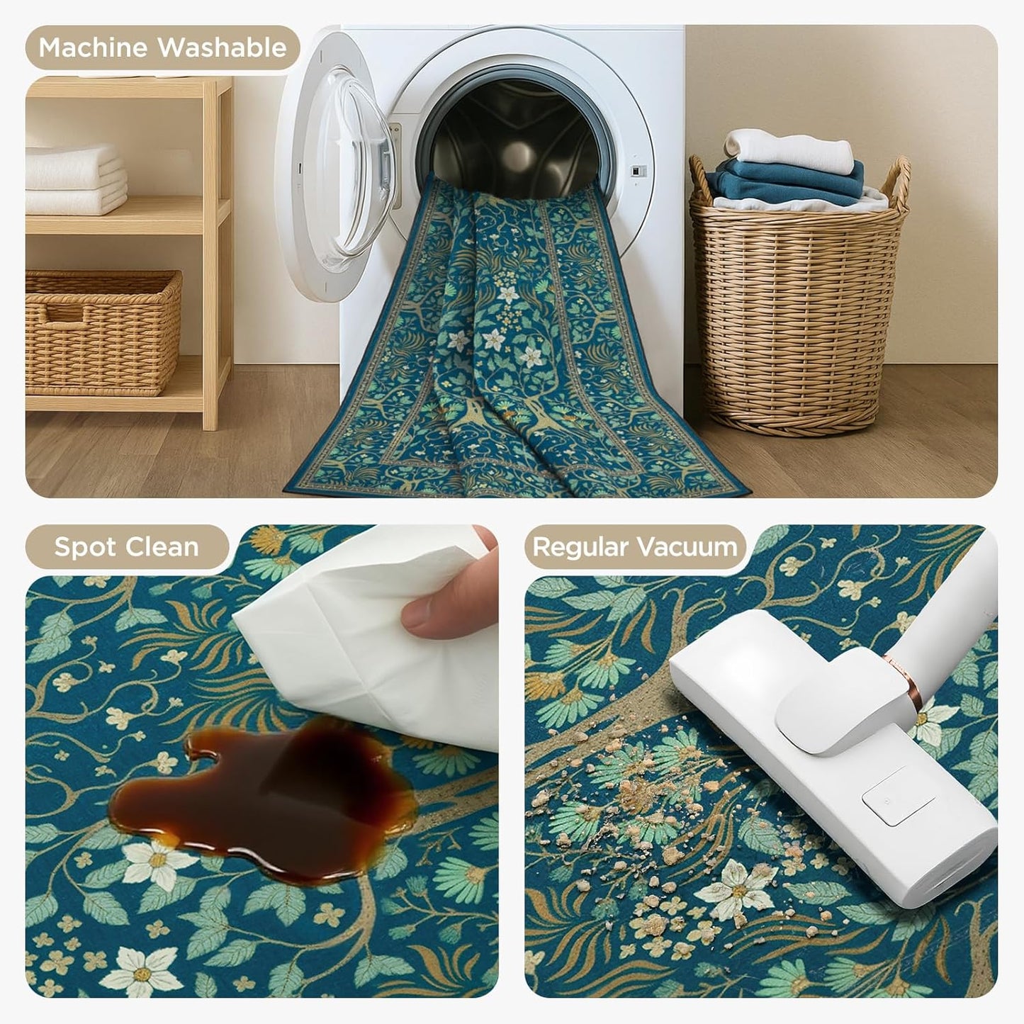 Joydeco Washable 2x6 Rug Runners for Hallways Non Slip, Boho Floral Bathroom Rug Runner, Soft Botanical Forest Indoor Floor Throw Carpet for Kitchen Laundry Room Entryway, Dark Blue