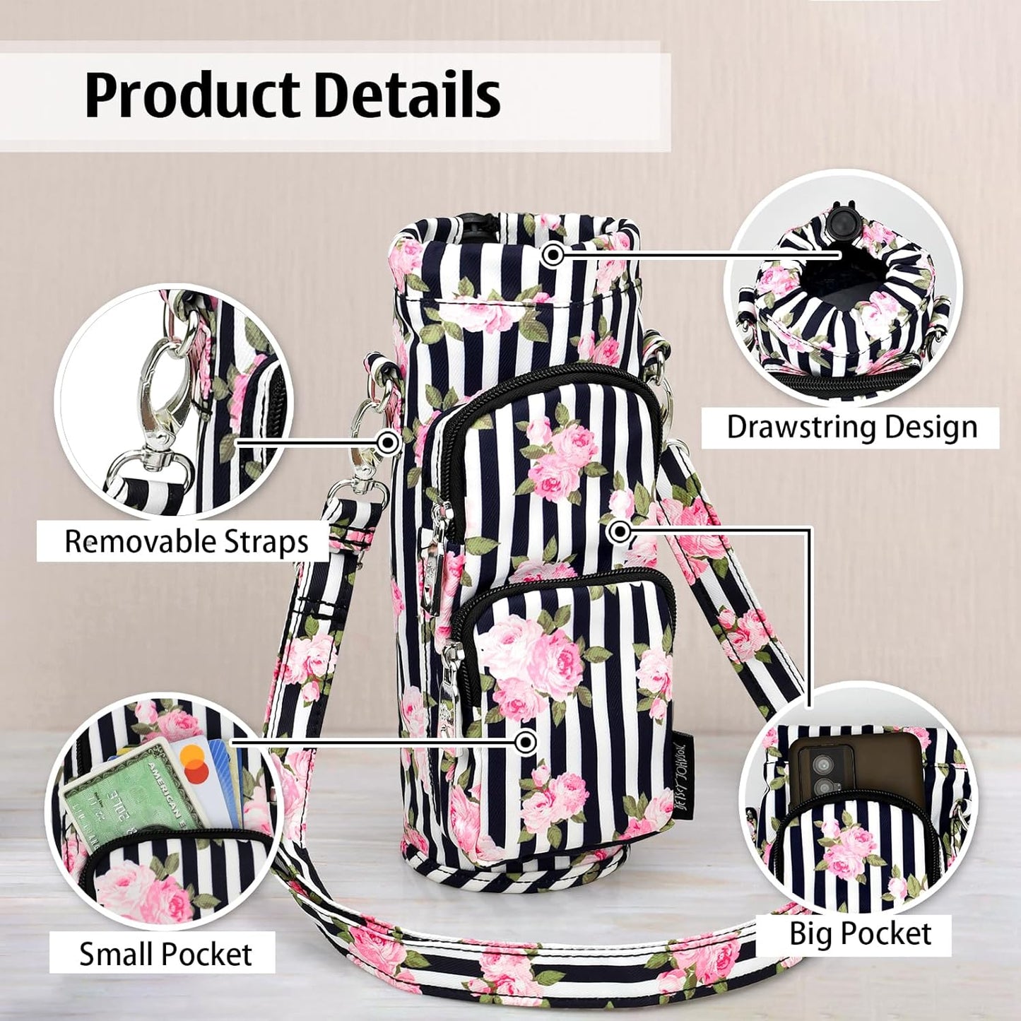 Betsey Johnson Insulated Water Bottle Pouch Holder Carrier Crossbag with Adjustable Shoulder Strap - Lightweight Polyester Accessories with Pockets Good for Hiking Sports
