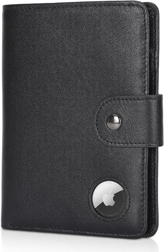 Polare Luxury RFID Blocking Leather Passport Holder Travel Wallet For Men and Women (Black with AirTag Slot(Snap Version))