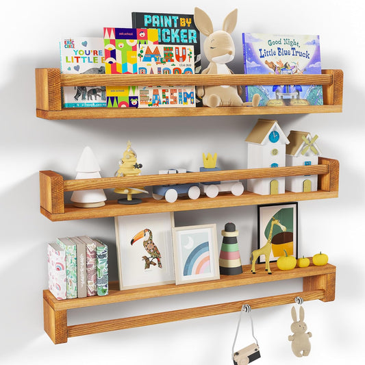 Heimlove Nursery Floating Shelves - 32 inch Solid Wood Wall Mounted Book Shelves for Kids, Set of 3