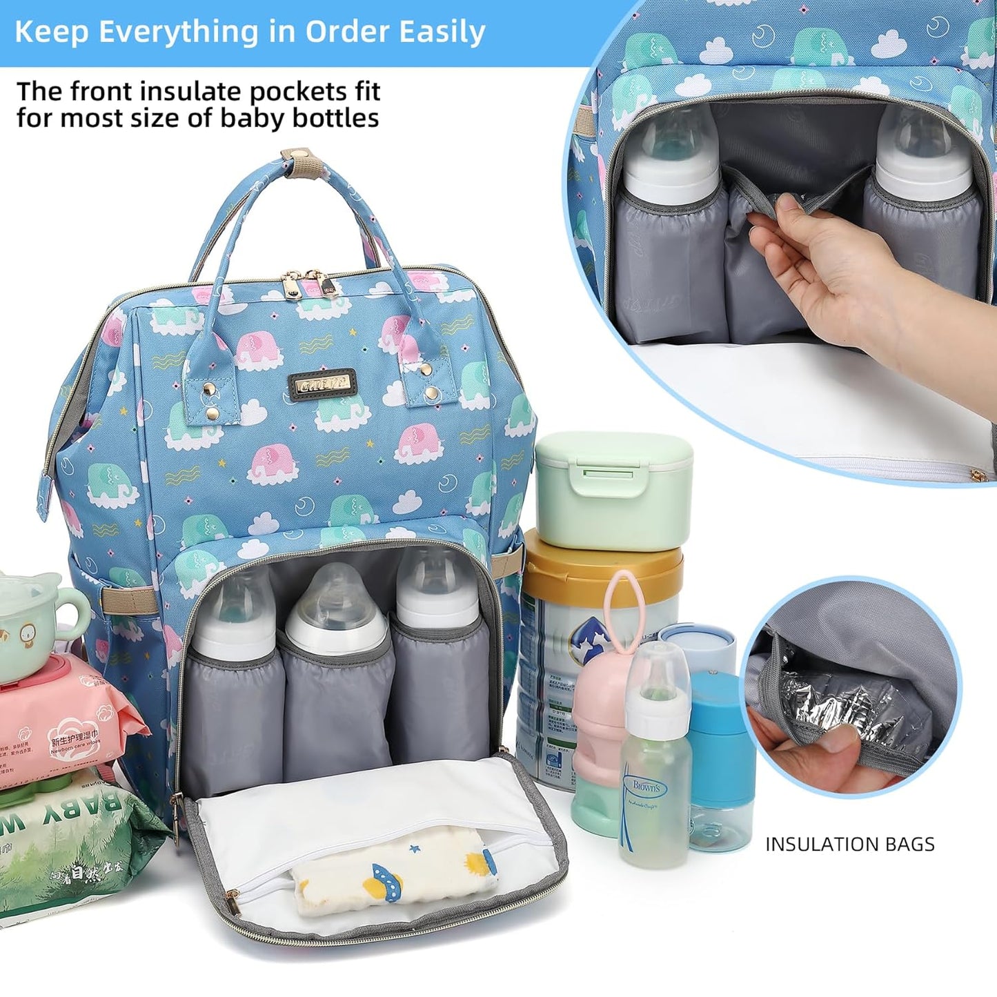 Diaper Bag Backpack, Diaper Bags for Baby Girls Boys, Baby Bags for Moms Dads, Nappy Changing Bag with Insulated Pockets,Multi-functional Waterproof Backpack with Stroller straps-Deep blue elephant