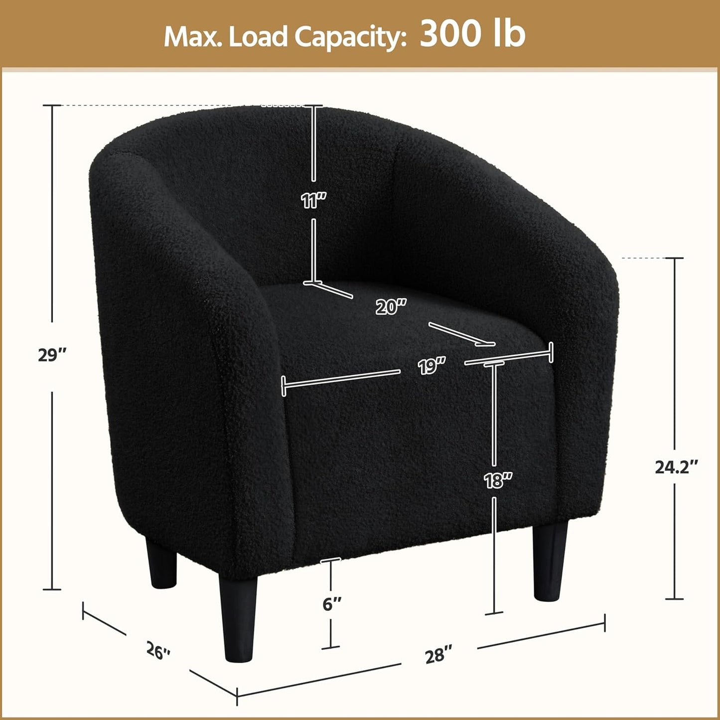 Yaheetech Accent Barrel Chair, Boucle Fabric Club Chair, Furry Sherpa Elegant Armchair with Cozy Soft Padded, Suitable for Living Room Bedroom Reception Room Office, Black