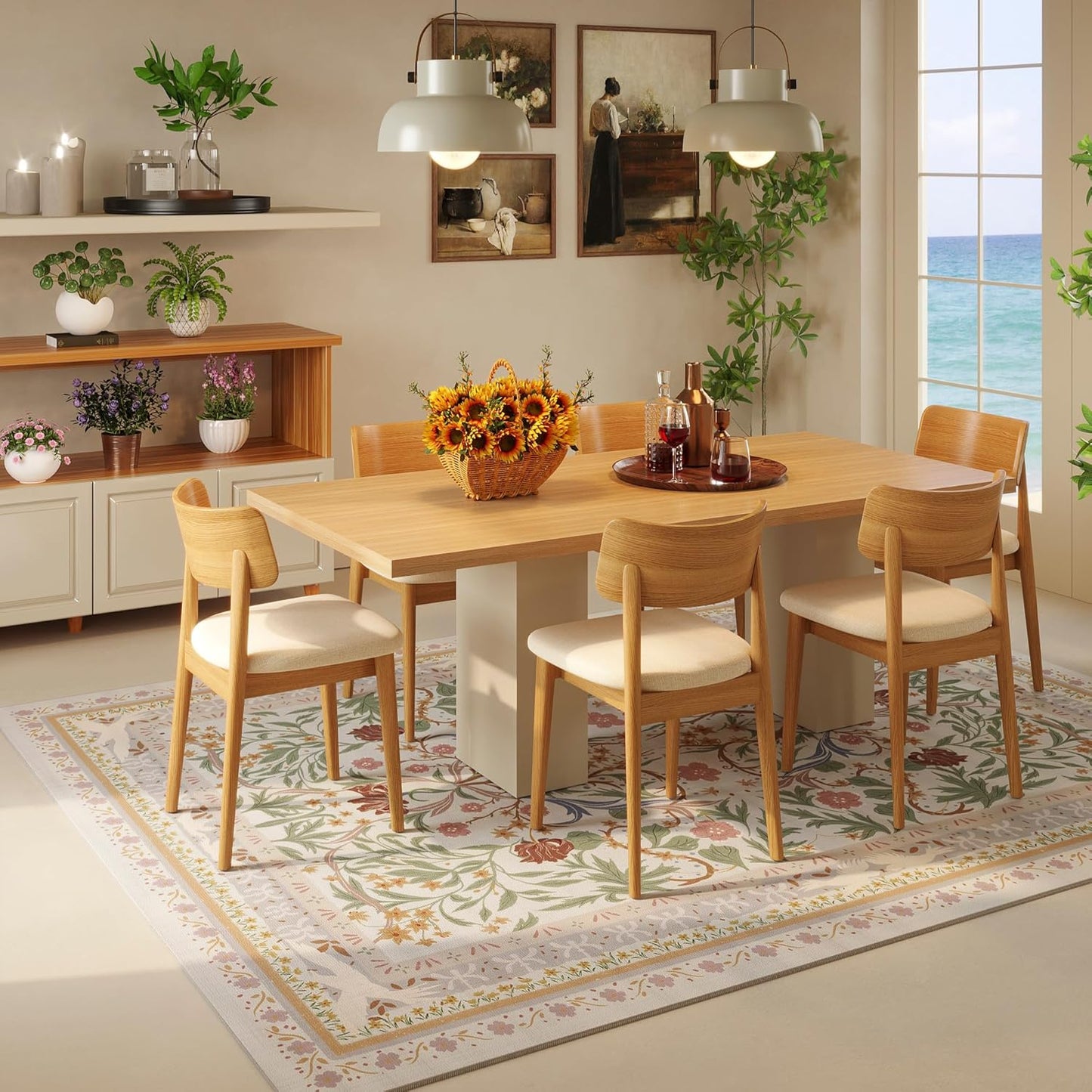 5x7 Washable Rug Vintage Floral Botanical Area Rug Non Slip Low Pile Large Rugs for Living Room, Bedroom, Farmhouse, Dining Room, Kids Playroom, Beige