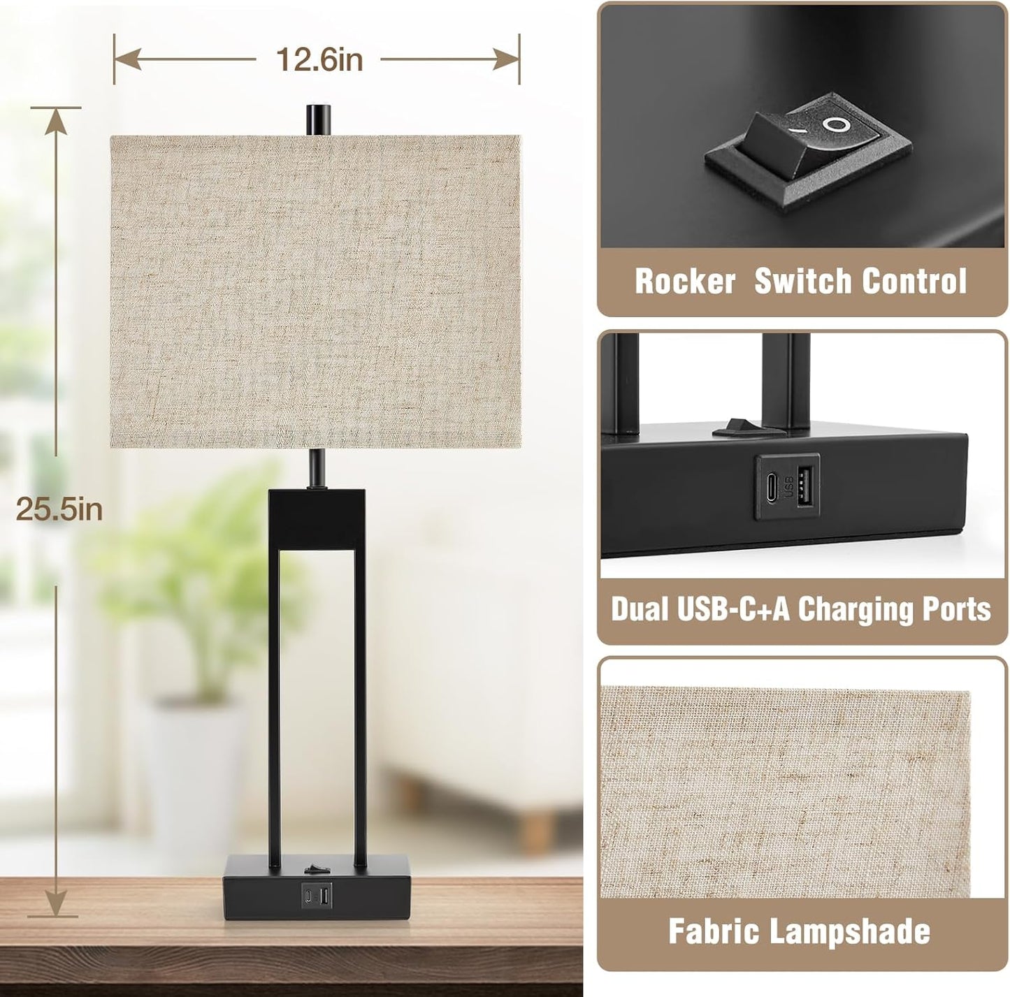 25.5’’ Nightstand Table Lamps for Bedrooms Set of 2, Bedside Lamp with USB C+A, 3 Colors Changeable Living Room Lamps for End Tables, Modern Night Stand Lamps for Bed Side Guest Room Office Reading