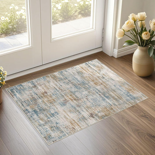 2x3 Entryway Area Rugs: Washable Neutral Abstract Small Rug Door Mat Non-Slip Soft Low Pile Indoor Carpe for Entrance Kitchen Front Door Bathroom Entry Kids Room - Blue Brown