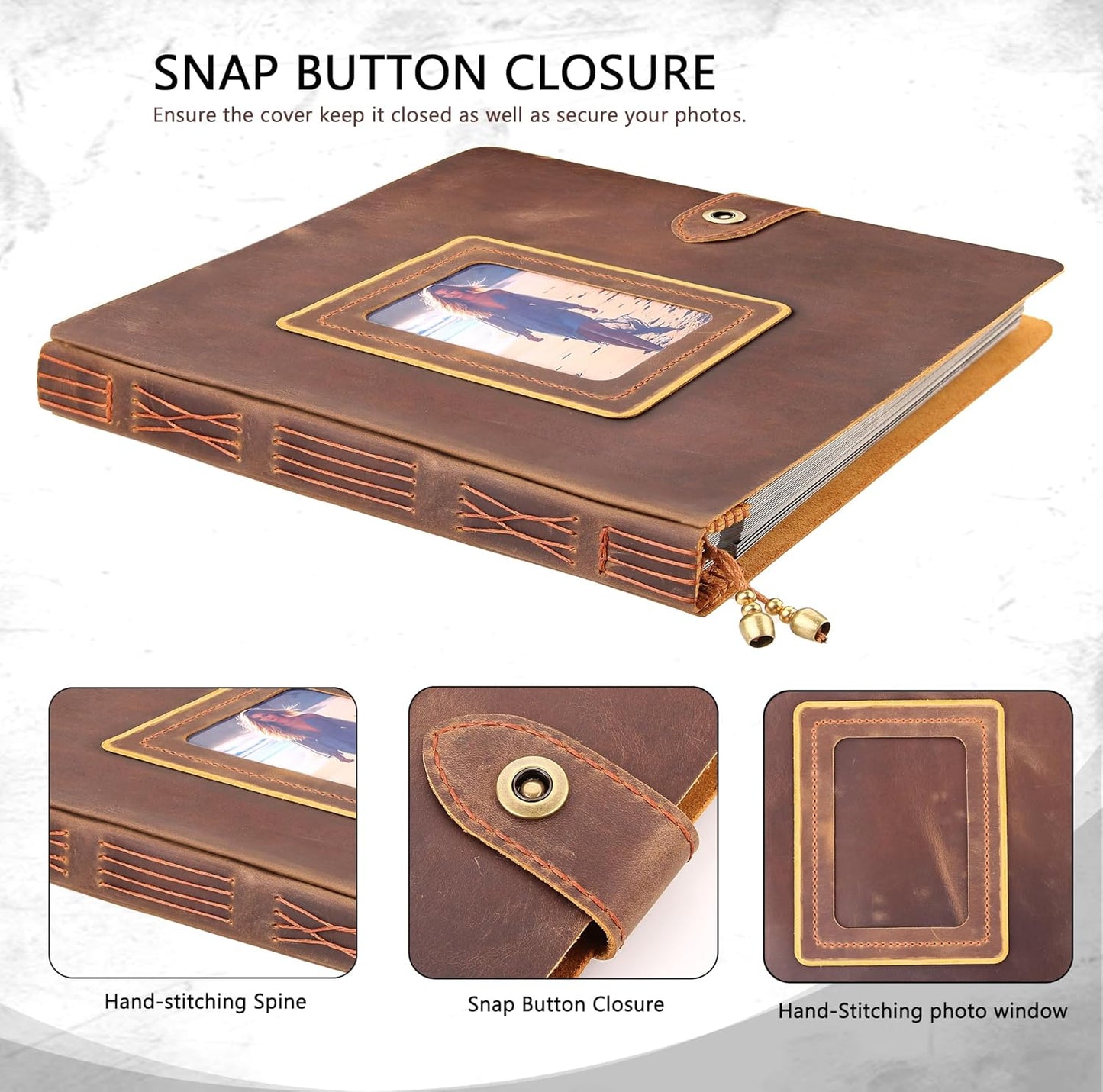 Leather photo Album Self Adhesive Pages, Handamde Leather Scrapbook Photo Album, Wedding Family Album, Holds 3x5, 4x6, 5x7, 6x8, 8x10 Photos - Brown