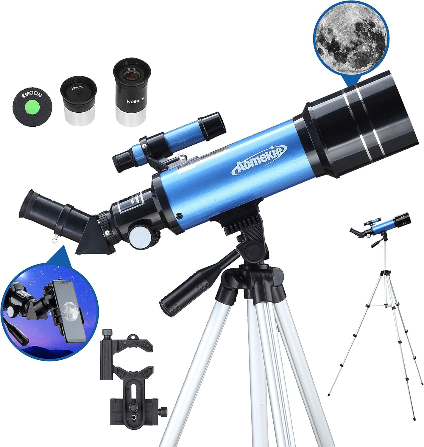 AOMEKIE 40070 Telescopes for Astronomy Beginners and Adults 70mm Astronomical Telescopes with Adjustable Tripod K6/25 Eyepieces Phone Adapter