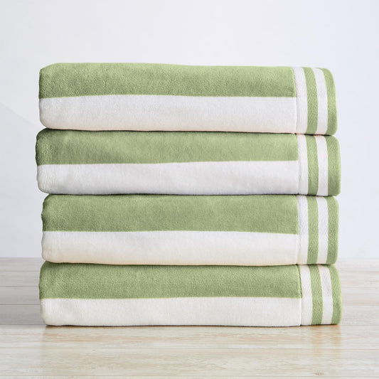 Great Bay Home 100% Cotton Velour 4 Pack Beach Towels 30" x 60" - Green/White Cabana Stripe Pool Towels - Quick Dry, Large Swim Towels