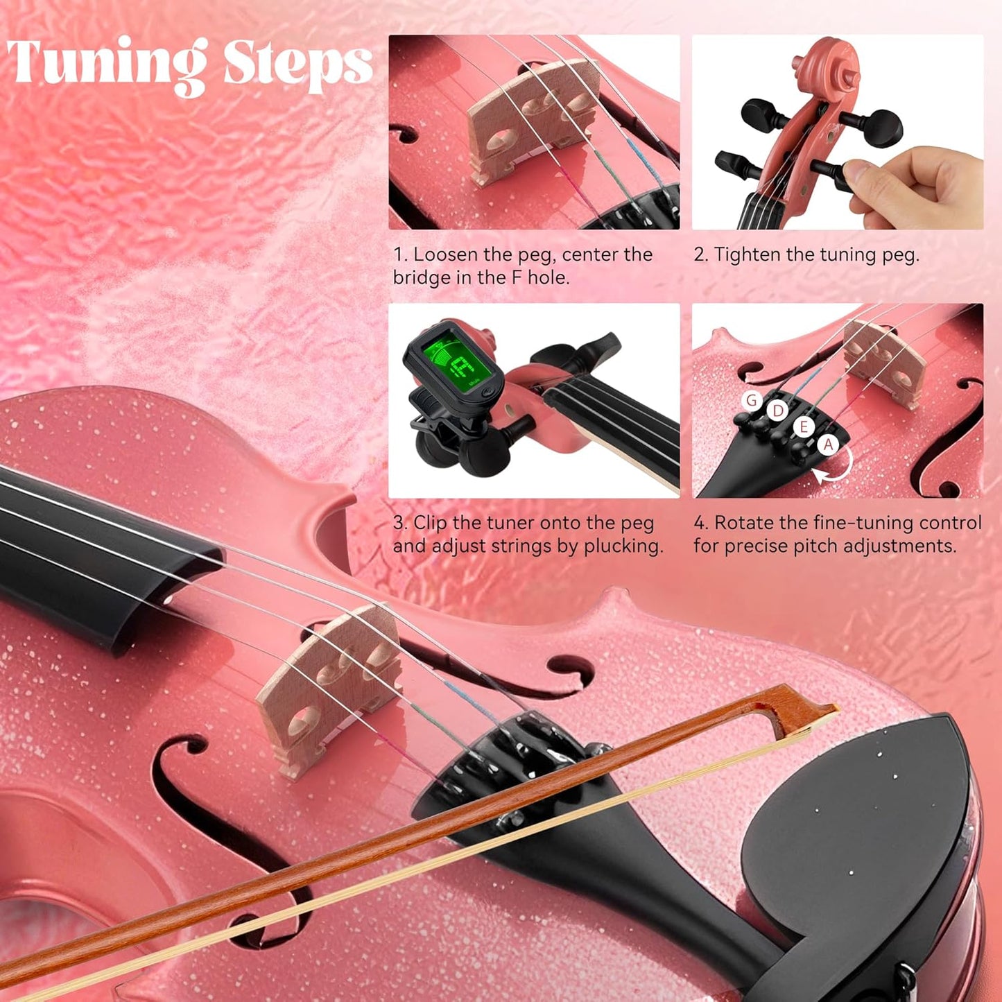 Poseidon Violin for Beginner, Pink Violin Set with Acoustic Violin Fiddle for Students Violin Starter Kit/Hard Case, Bow, Rosin, Horse Bridge, Extra Strings, Shoulder Rest, Tuner, Instruction Manual
