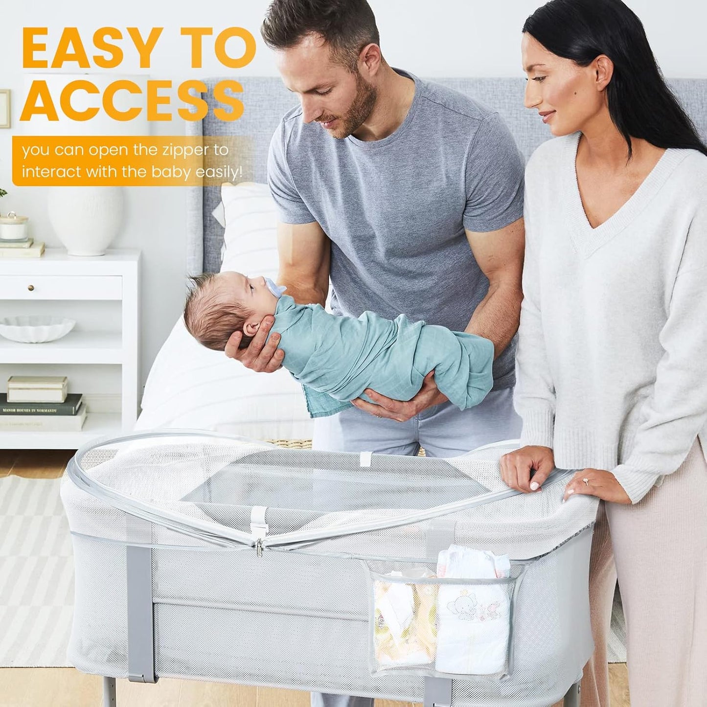 Orzbow Bassinet Cover with Two-Way Zippers & Storage Bag, Bassine Mosquito Net Cover for Bedside Sleeper to Keep Cats Out - Infant from Mosquito Bites and Falling Protection, White