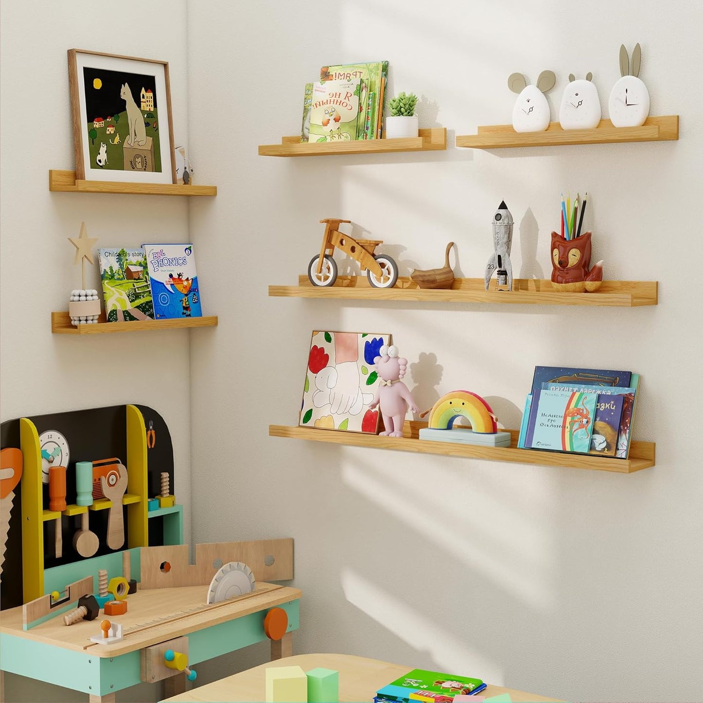 Axeman Picture Ledge Shelf, Floating Shelves for Wall Decor Storage Set of 6, 36 inch Floating Wall Mounted Shelves, Wall Shelves with Lip for Living Room, Bedroom, Nursery, Bathroom, Kitchen, Oak