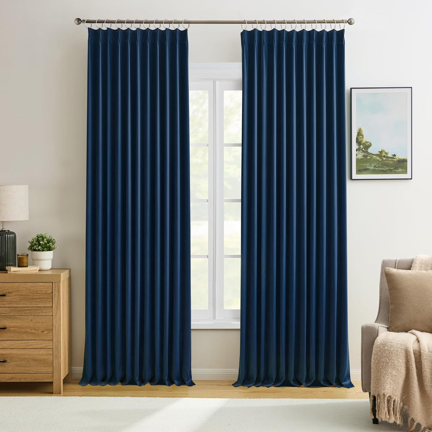 KEQIAOSUOCAI Navy Blackout Curtains 72 Wide x 90 inch Long 2 Panels - Thermal Insulated Room Divider Curtains for Bedroom/Living Room/Patio, Wide Width Pinch Pleated Curtain Panel with Hooks