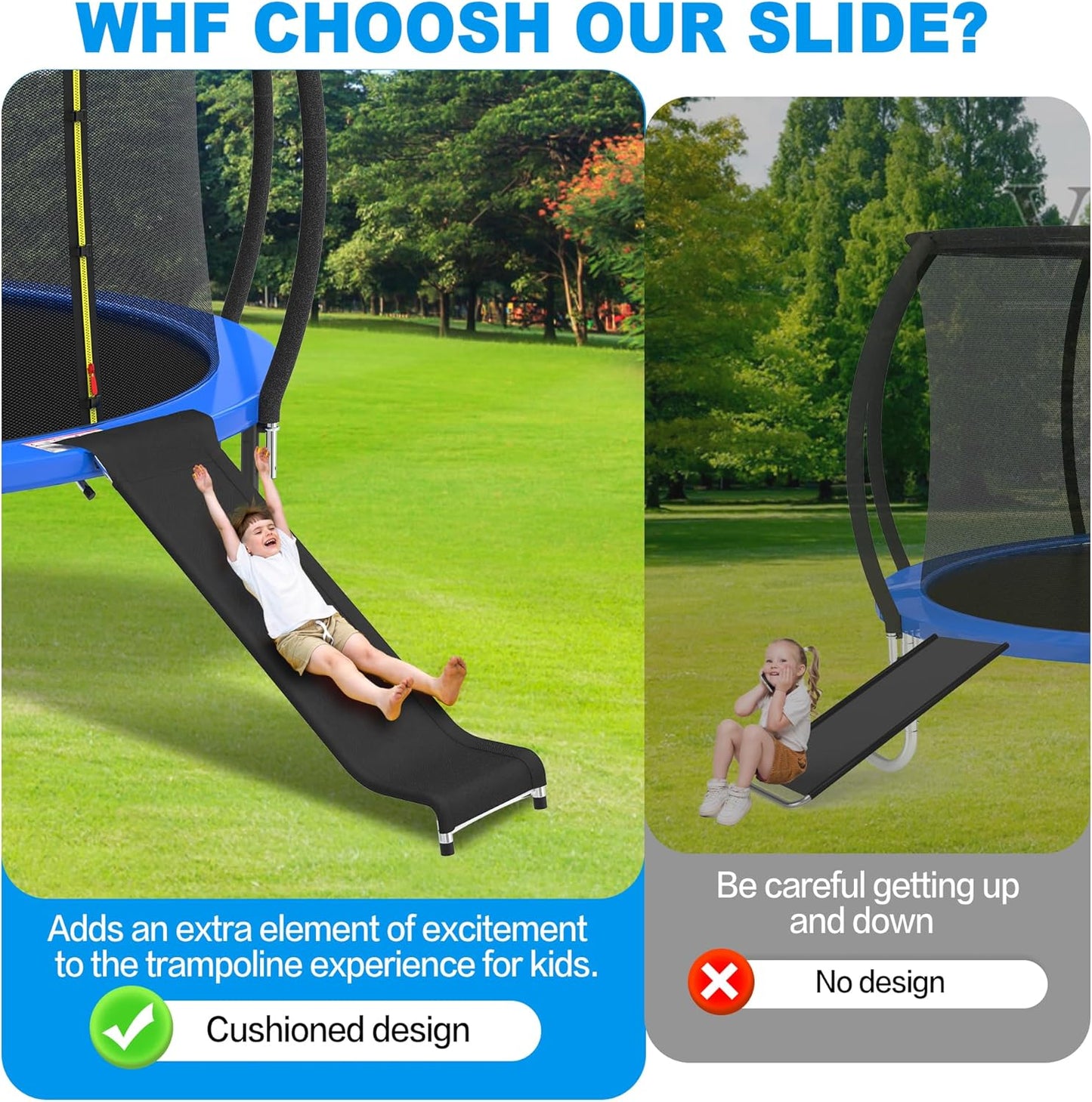 Ergonomic Trampoline Slide with Buffer Region for Children Kids, Outdoor Trampoline Slide Attachment, Heavy Duty Steel, Frame, Easy to Assemble (Silvery)