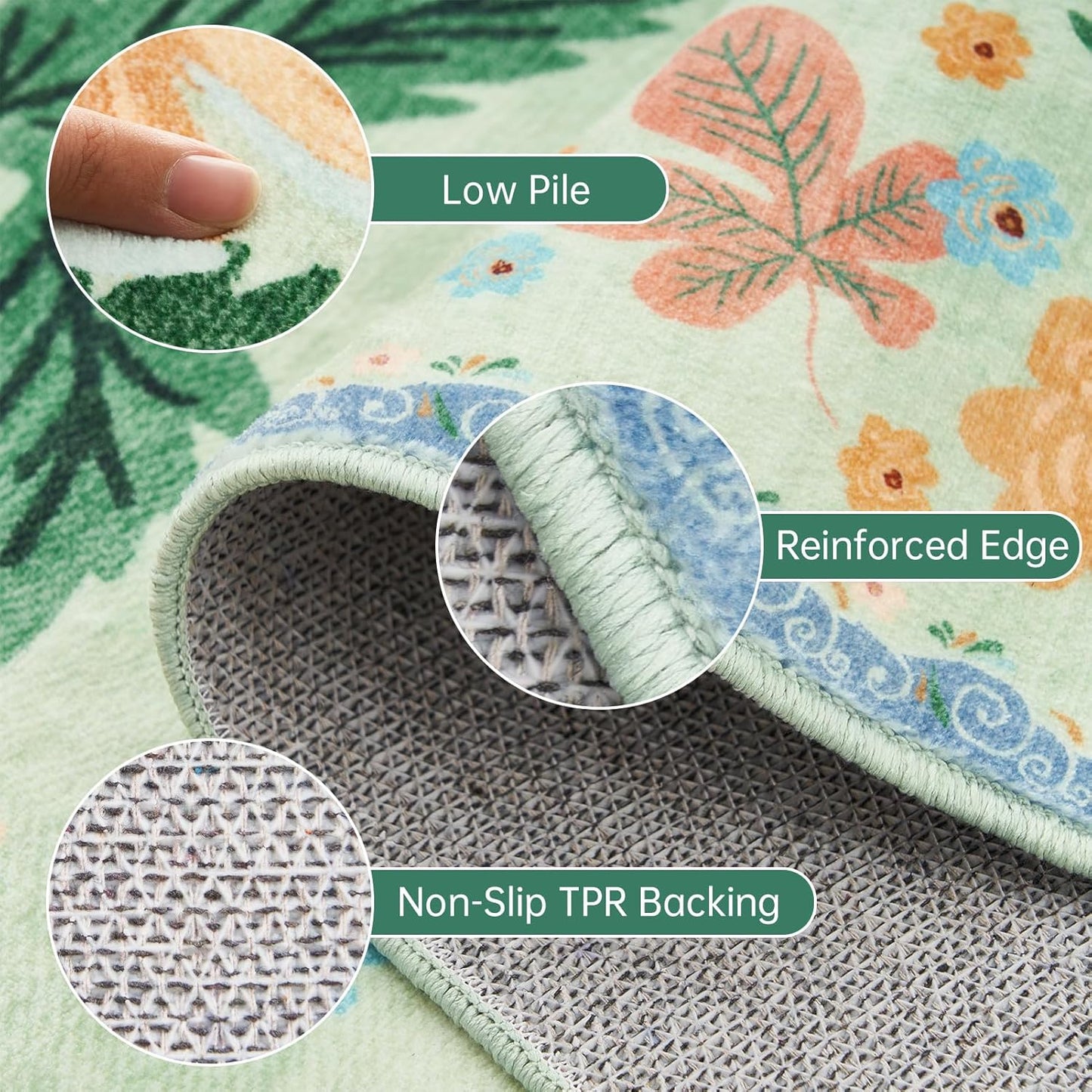 8x10 Area Rugs for Living Room Sage Green Washable Low Pile Non Slip Stain Resistant Large Rugs Boho Vintage Floral for Bedroom Dining Room Family Room Nursery Dorm Spring Home Decor