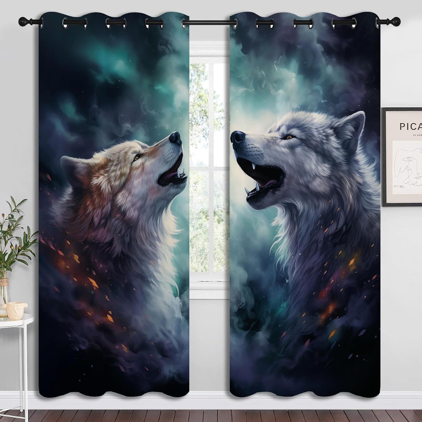 Forest Wildlife Blackout Curtains for Boys Girl Bedroom Decor,Blue Fantasy Starry Sky Howling Wolf Thermal Insulated Grommet Drapes Darkening Window Curtain for Living Room Home 84x63 inch