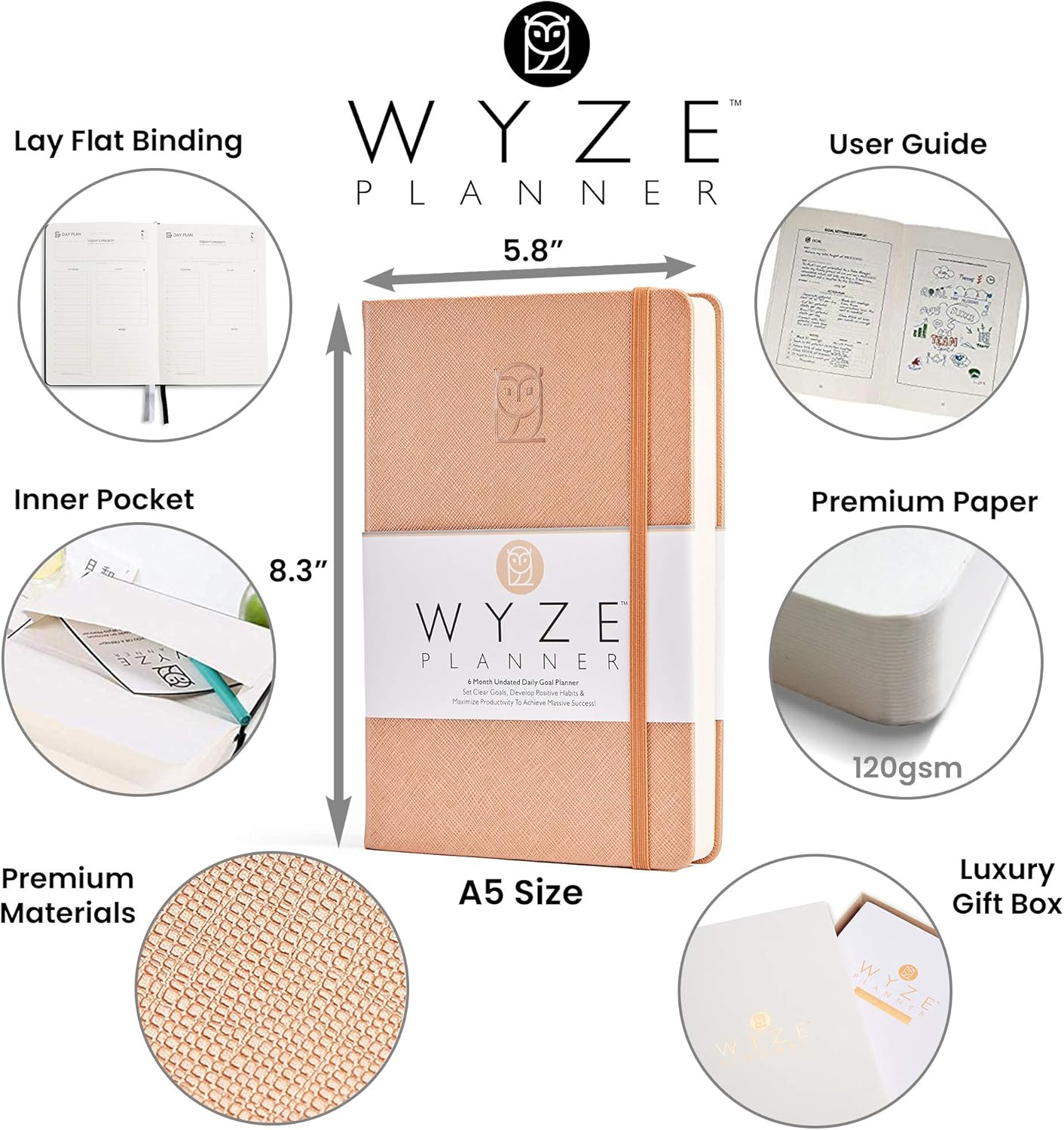Undated Daily Planner – 6-Month A5 Productivity Organizer with Full Page Per Day, Hourly Schedule, Goal Setting, Habit Tracker, Weekly & Monthly Pages – Hardcover Time Management Notebook (Rose Gold)