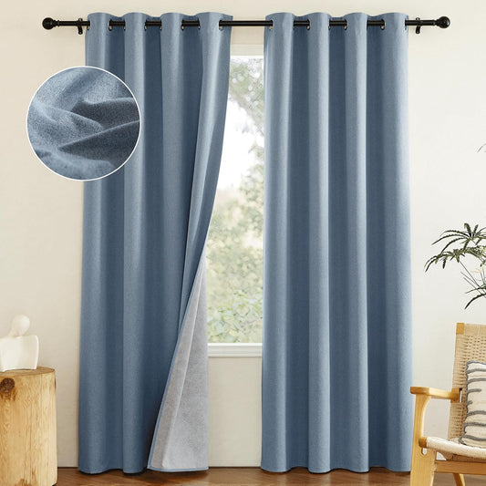 NICETOWN Stone Blue Full Shade Faux Linen Curtain Panels 84" Long, Pair of Energy Smart & Noise Blocking Out Blackout Drapes for Guest Room Window, Thermal Insulated Lined Window Dressing (52 inch)