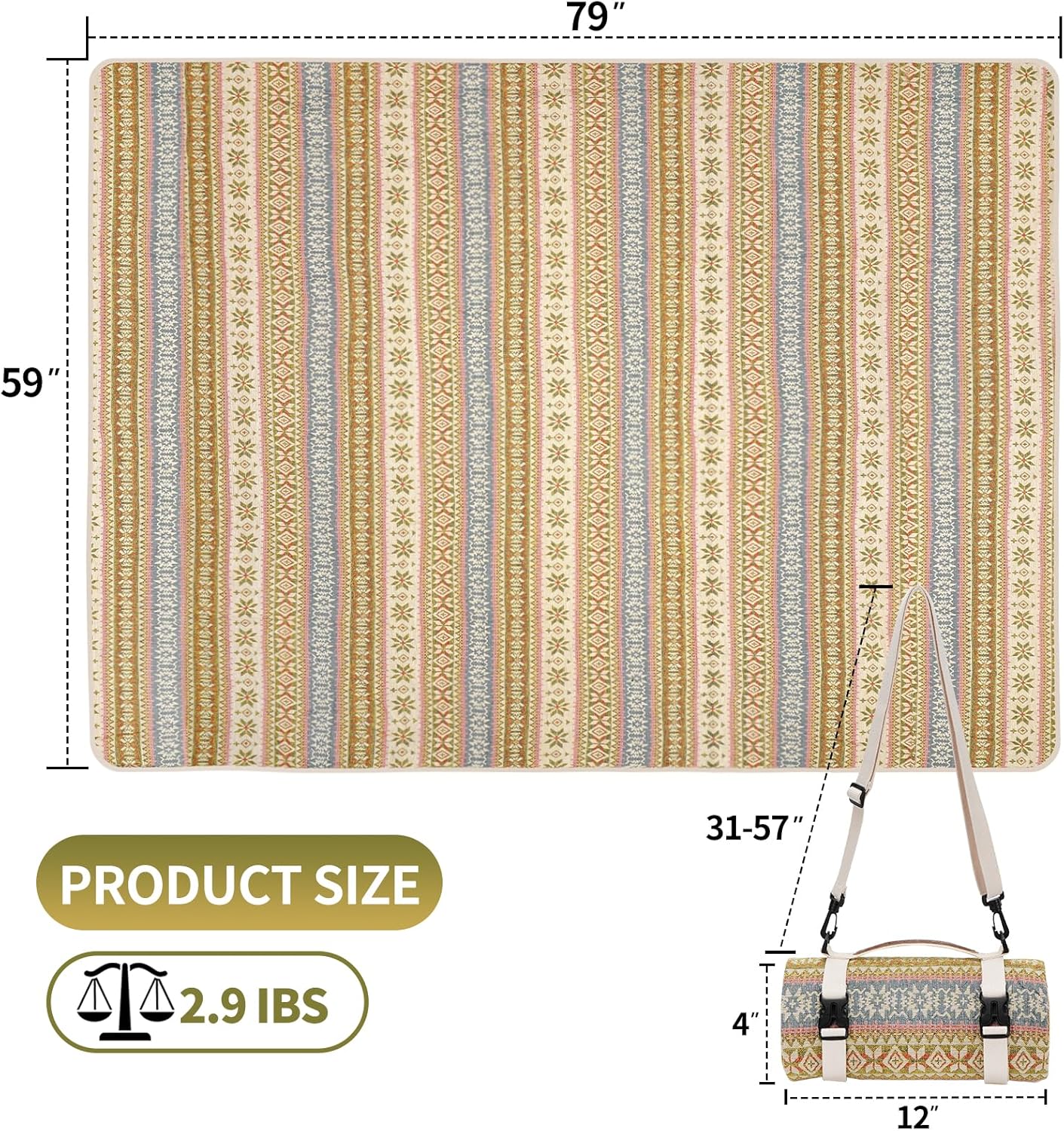 Picnic Blankets Outdoor Extra Large-Waterproof Picnic Blanket with Shoulder Carry Strap | Machine Washable Picnic Mat with Sandproof Backing for Park , Grass, Camping, Hiking, Concerts (Yellow)