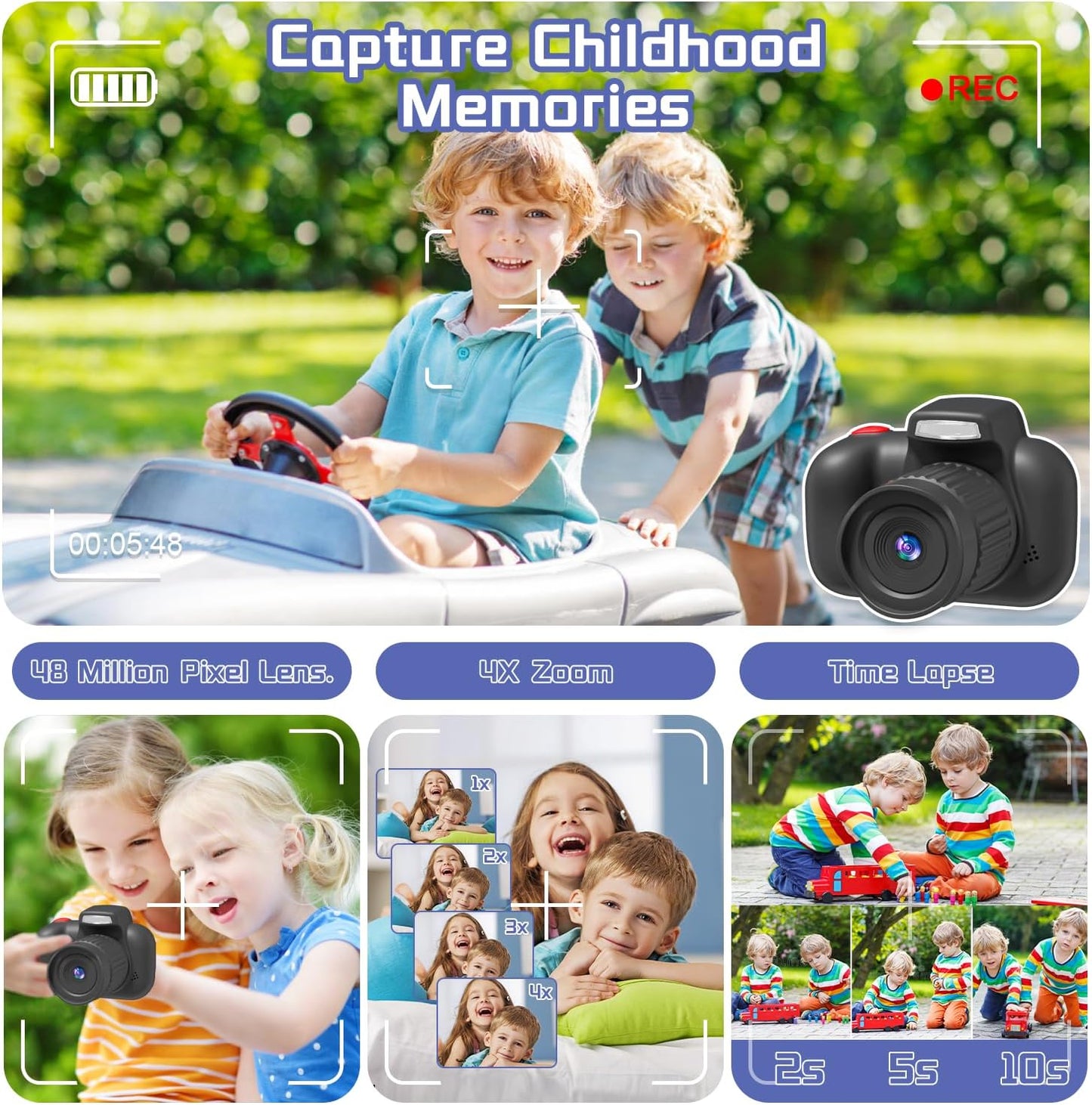 Temodu Kids Camera, Best Birthday Festival Toys Gifts for Girls Boys Age 3 4 5 6 7 8 9 10 11 12 Year Old, Digital Camera for Kids with Video, Toy Camera Toddler Camera for Girls with 32GB Card - Black