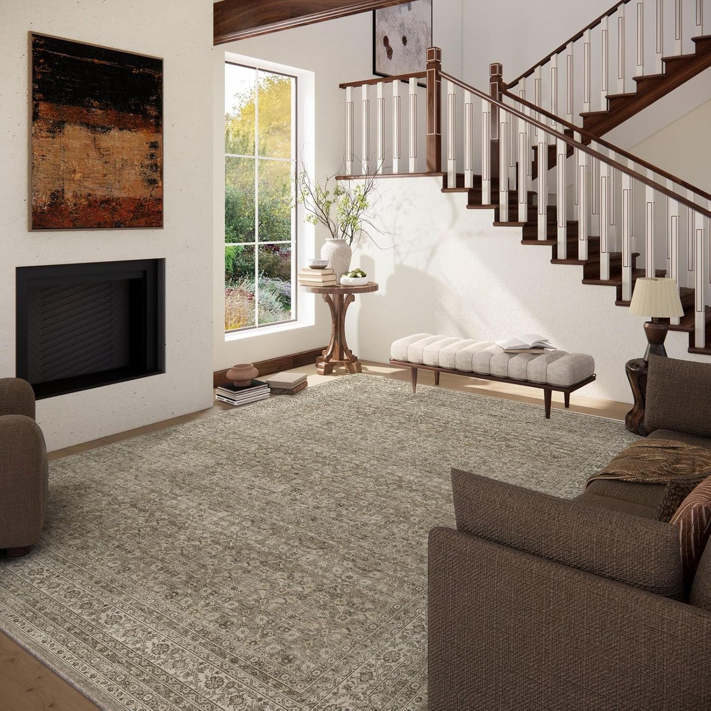 Washable Area Rugs for Living Room: 10x14 Bedroom Rug Vintage Large Rugs Stain Resistant Non Slip Low Pile Soft Lightweight Carpet for Kitchen Dining Room Farmhouse Nursery Kids Room