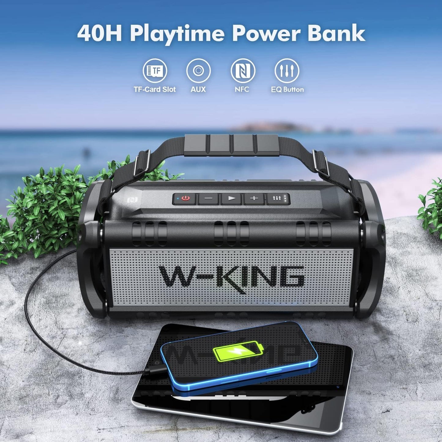 W-KING 90W Peak 50W RMS Powerful Bluetooth Speaker - IPX6 Waterproof, Large Outdoor Portable Wireless Deep Bass, 40H Playtime, Power Bank, TF-Card, AUX, NFC, EQ